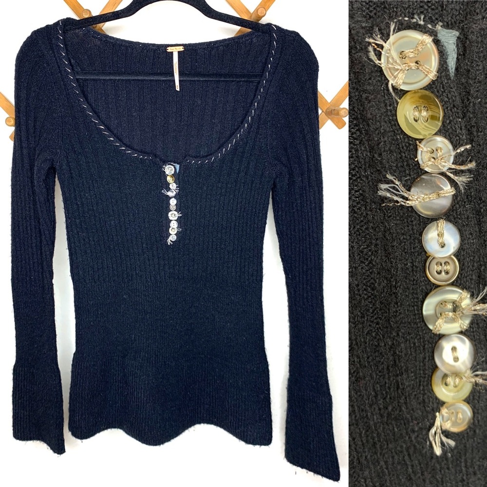 Free People Ribbed Knit Bell Sleeve Henley Sweater